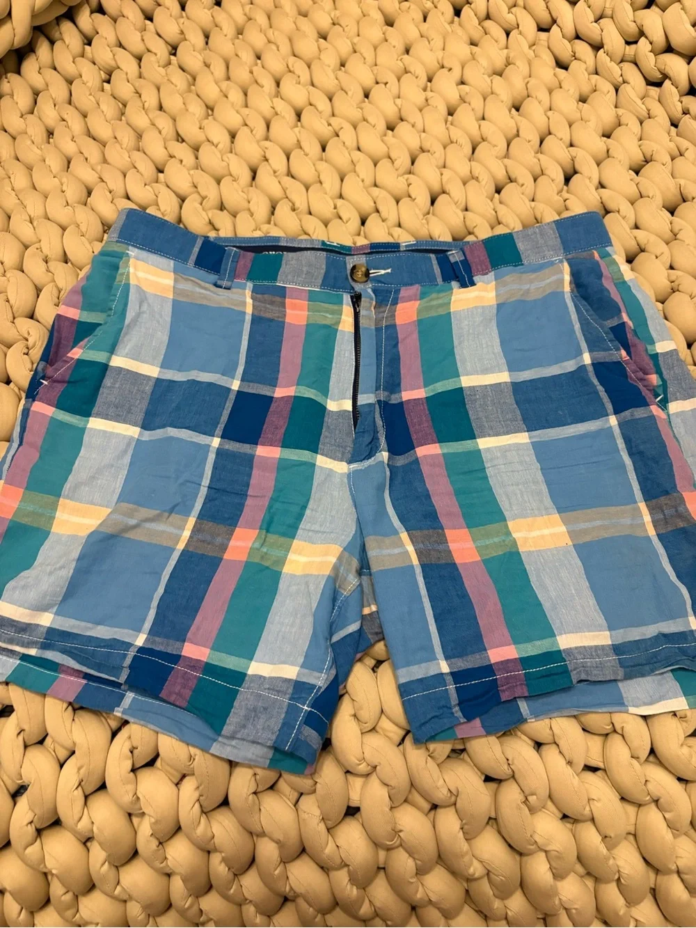 crown & ivy Blue Plaid Men's Shorts with Teal and Pink Accents